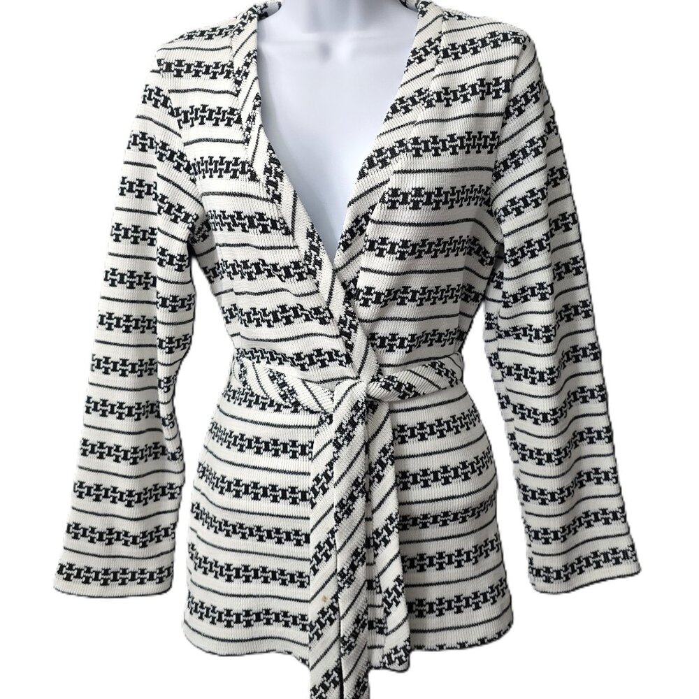 Vintage 70s Wrap Cardigan Sweater M L 18 Knit Belted White Black Montgomery Ward